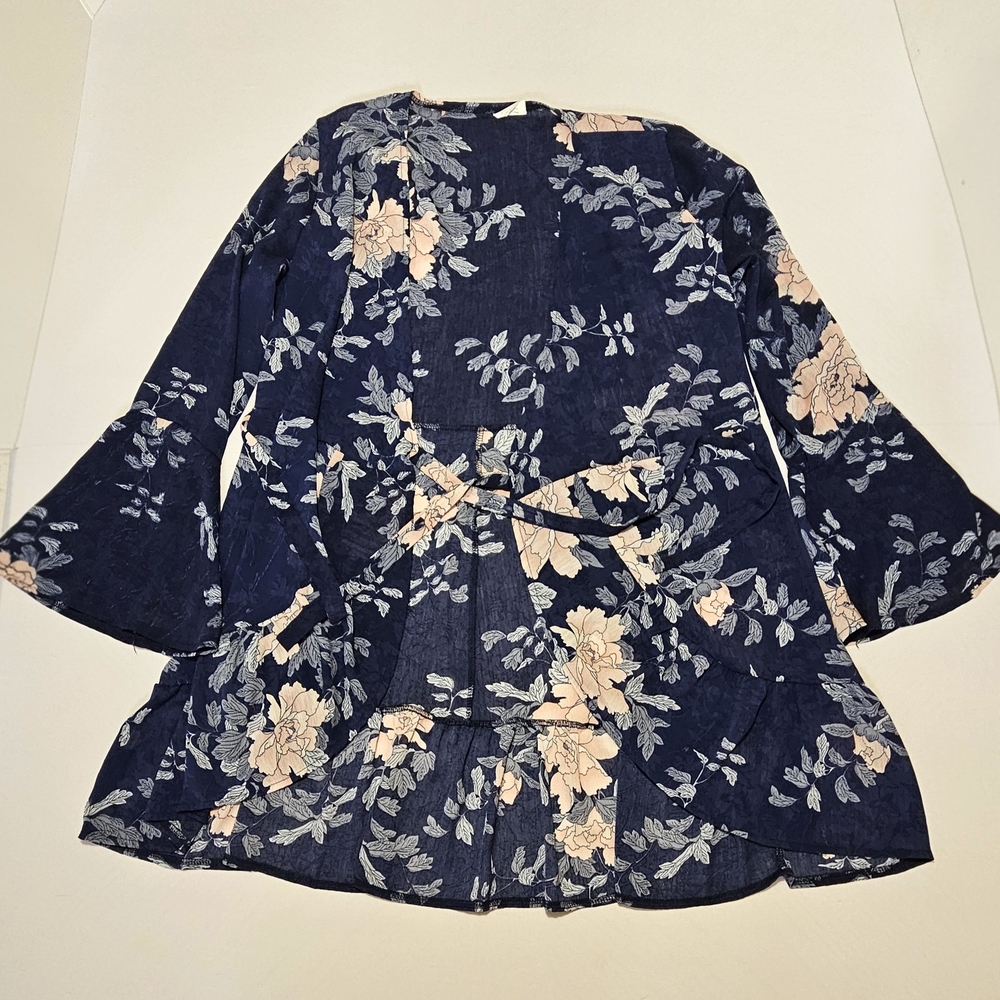 Navy & Peach Floral Peplum Blouse 2XL • Bell Sleeve Boho Tie Waist Top